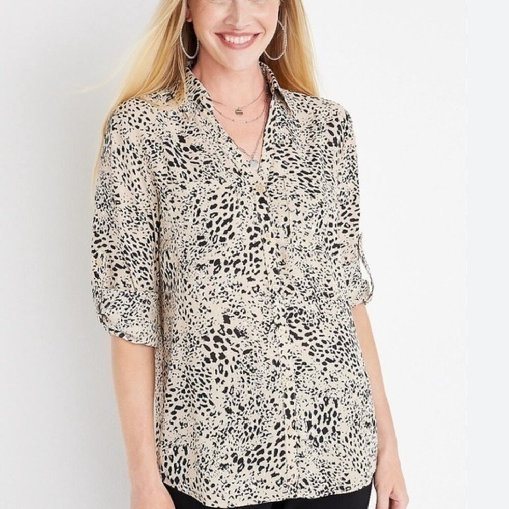 Maurices Women’s Brown Leopard Animal Print Business Casual Button Down Blouse S